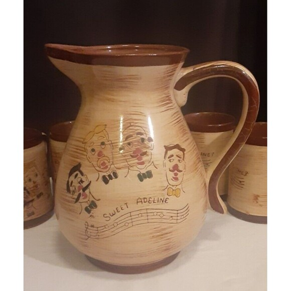Nasco "Sweet Adeline" Handpainted 1950s Pottery Pitcher & Mugs (5) Barbershop - Picture 6 of 9